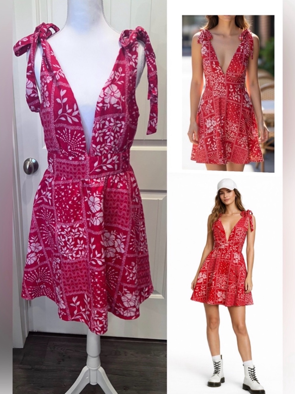 House of Harlow 1960 red Patchwork Tie-Shoulder V-Neck Mini Dress